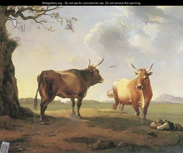 An extensive Italianate landscape at dusk with a shepherd sleeping beside a bull and a cow - Hendrik Voogd