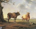 An extensive Italianate landscape at dusk with a shepherd sleeping beside a bull and a cow - Hendrik Voogd