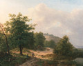 A mountainous wooded landscape with travellers conversing on a sandy track - Hendrik Verpoeken