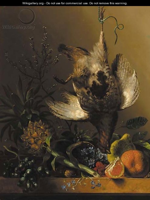 A still life with flowers, tropical fruit and a partridge - Hendrik Reekers