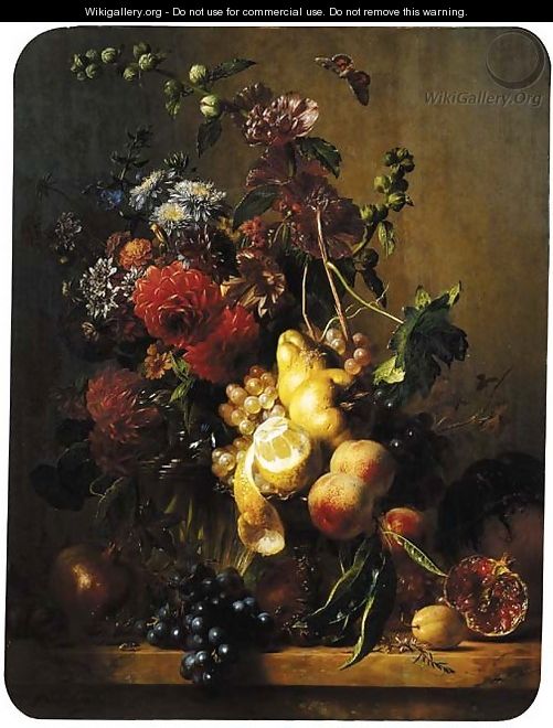 A still life with dahlias, hollyhocks and other flowers in a glass vase and fruit on a gilt tazza - Hendrik Reekers