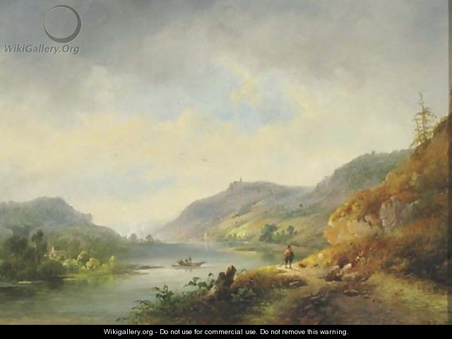 A river winding through hills, a town in the distance - Hendrik Pieter Koekkoek