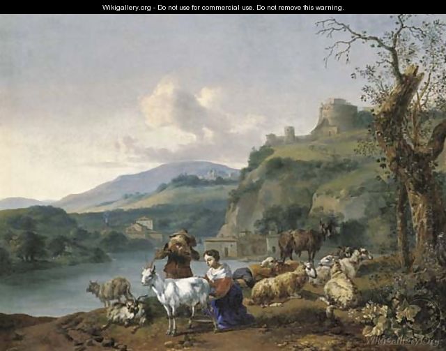 An Italianate river landscape with a shepherd and a shepherdess with their flock, a village beyond beneath a hill with the Mausoleum of Hadrian - Hendrik Mommers