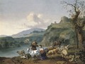 An Italianate river landscape with a shepherd and a shepherdess with their flock, a village beyond beneath a hill with the Mausoleum of Hadrian - Hendrik Mommers