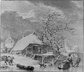 Winter Figures on the Ice near a House, a church beyond - Henri Meyer