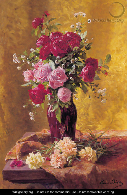 A vase of roses with carnations on a draped table - Henri Biva