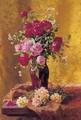 A vase of roses with carnations on a draped table - Henri Biva