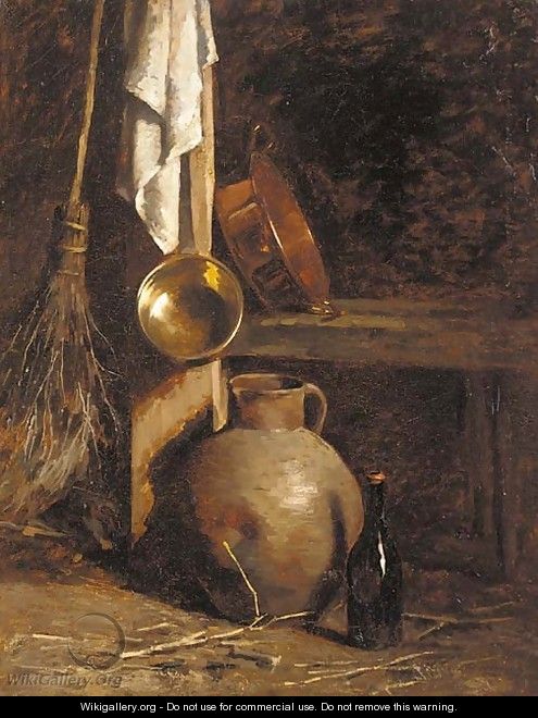 An earthenware jug, a bottle, copper pans and a broom in the corner of a barn - Henri Adolphe Laissement