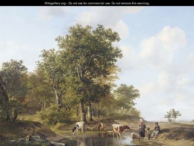 Peasants conversing at the edge of a forest on a sunny day - Hendrikus van den Sande Bakhuyzen