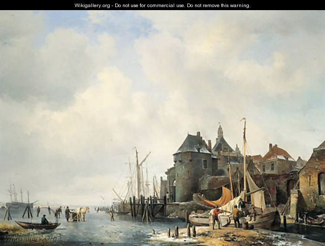 Een gezigt van de Rietdijkse Poort en het Hoofd te Dordrecht, bij winter - Hendrikus van den Sande Bakhuyzen