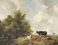 Cattle on the edge of a forest in an extensive sunlit landscape - Hendrikus van den Sande Bakhuyzen