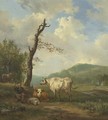 A hilly landscape with a shepherd and his flock resting by a tree - Hendrikus van den Sande Bakhuyzen