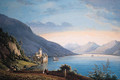 A View of the Lake of Geneva, with people near a vineyard in the foreground looking at sailing-boats and a castle beyond - Henri Knip