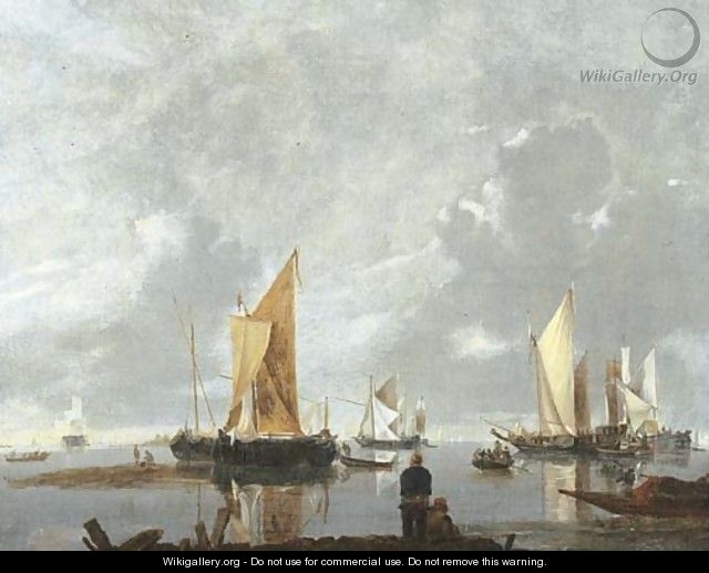 Moored ships in a calm, fisherfolk on a jetty nearby - Hendrick Dubbels