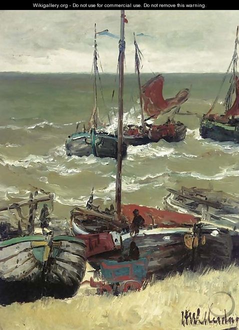 Terugkerende vissersschepen Bomschuiten by the coast - Hendrik Willem Mesdag