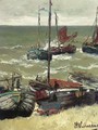 Terugkerende vissersschepen Bomschuiten by the coast - Hendrik Willem Mesdag