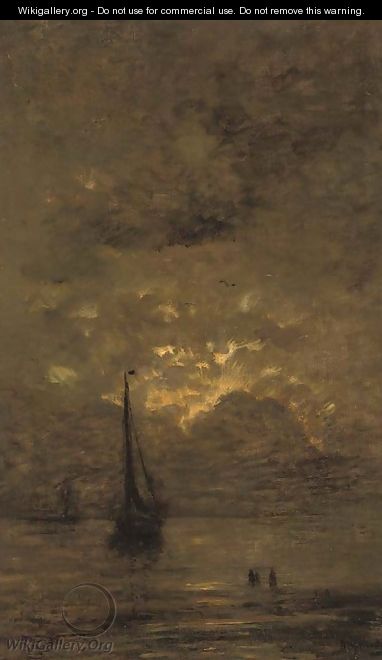 On the beach at sunset - Hendrik Willem Mesdag