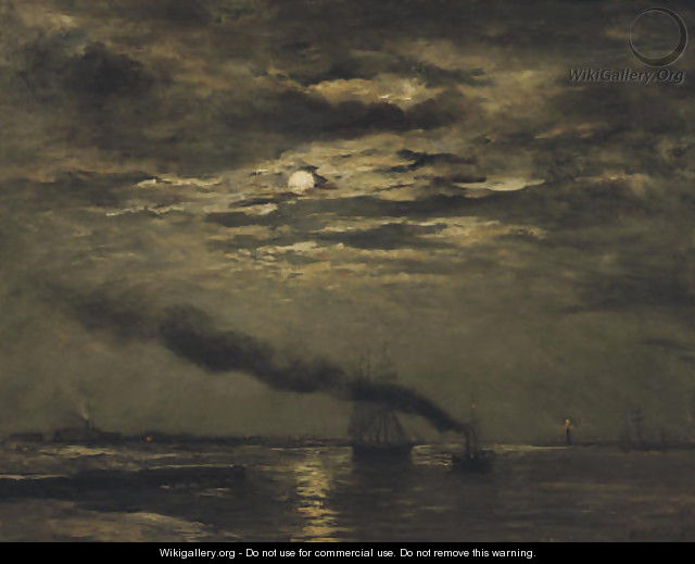 Maaneffect entering the harbour by moonlight - Hendrik Willem Mesdag