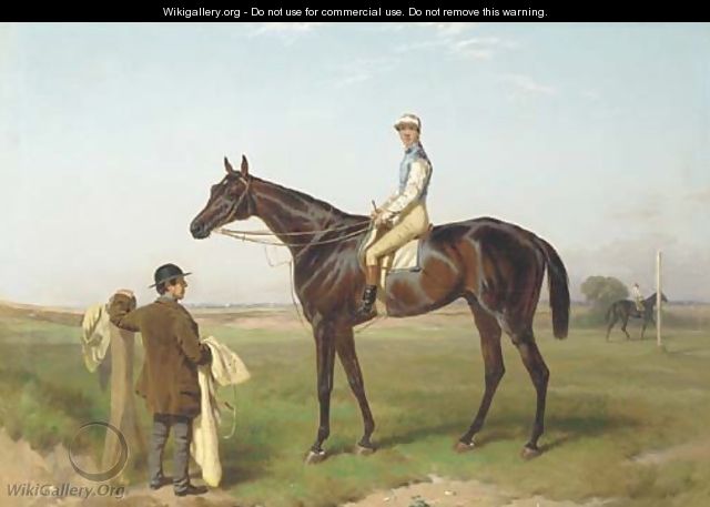 Fisherman with jockey up attended by a groom on a race course - Harry Hall