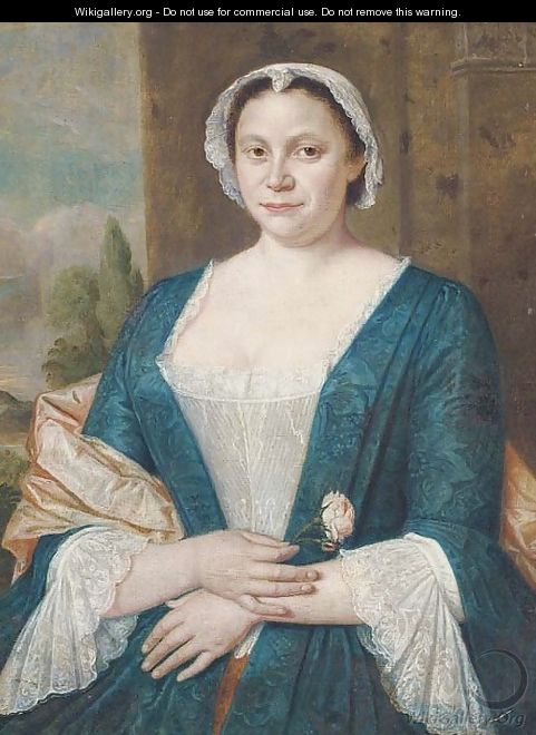 Portrait of a lady, half-length, in a blue and white dress with a pink shawl and white cap - Harmen Serin
