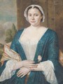 Portrait of a lady, half-length, in a blue and white dress with a pink shawl and white cap - Harmen Serin