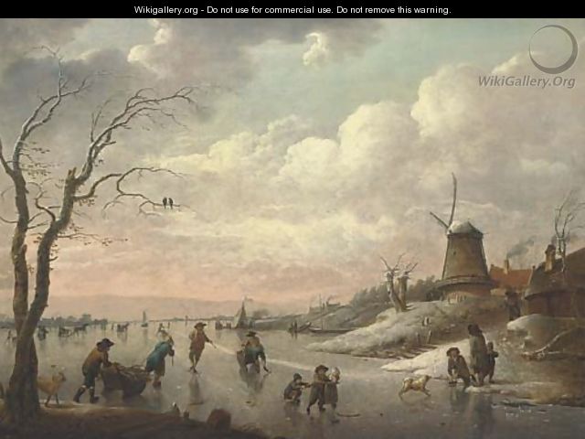 A winter landscape with peasants skating on a frozen river by a village with a windmill - Hendrik Willem Schweickardt