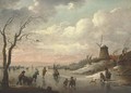 A winter landscape with peasants skating on a frozen river by a village with a windmill - Hendrik Willem Schweickardt