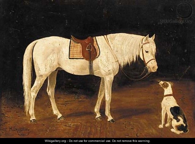 A saddled grey hunter with a dog in a yard - Heinrich Sperling