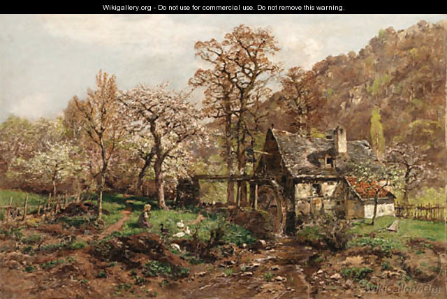 A young girl by a mill among spring blossoms - Heinrich Hartung
