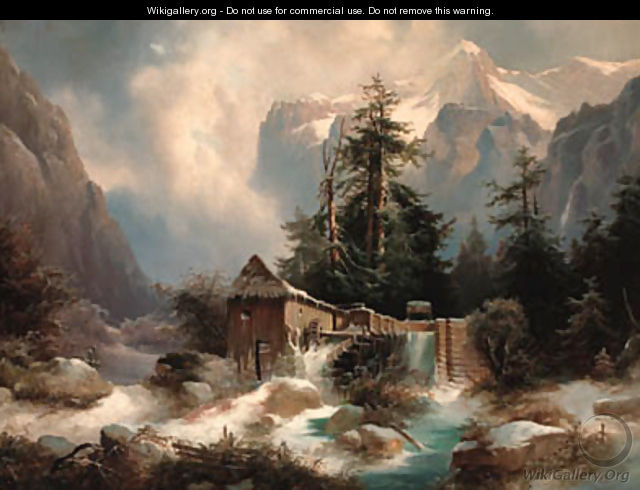 A watermill in an Alpine river landscape - Heinrich Fischer