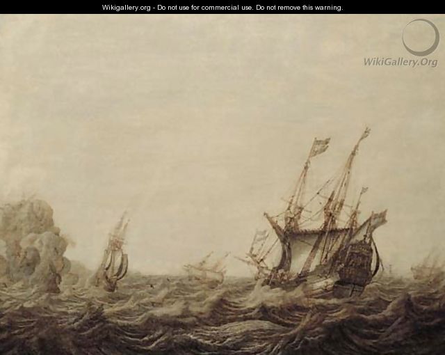 A penschilderij Threemasters off a rocky coast in a stiff breeze - Heerman Witmont