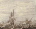 A penschilderij three-masters off a rocky coast in choppy waters - Heerman Witmont