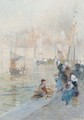 Fisherwomen with their children on the quayside - Hector Caffieri