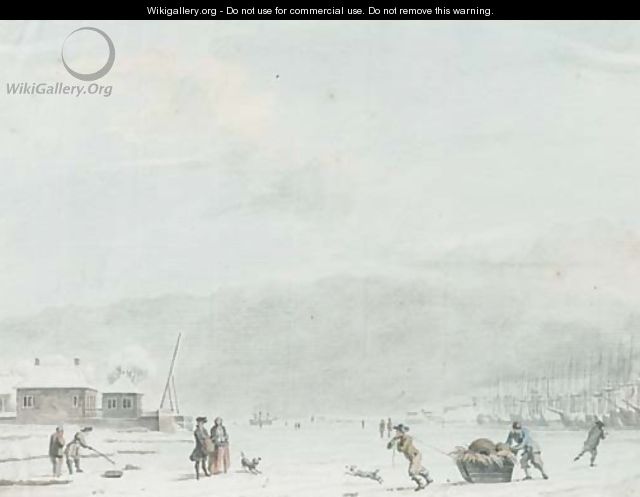 An extensive landscape with figures fishing and skating on the ice by a frozen port - Hendrik Pothoven