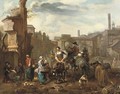 Marketeers on mules and other figures among ancient ruins in a town square - Hendrik Mommers