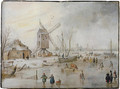 A winter landscape with figures on a frozen river near a windmill - Hendrick Avercamp