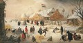 A winter landscape with elegant figures skating on a frozen river - Hendrick Avercamp