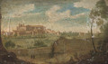 A wooded landscape with figures by a wall in the foreground and a view of the Basilica of St John Lateran, Rome beyond - Hendrik Frans van Lint (Studio Lo)
