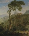 A mountainous landscape with a mother and her children resting - Hendrik Frans Van Lint