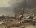 Winter landscape with skaters on a frozen canal - Hendrick Dubbels