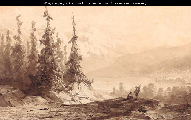 An alpine landscape with travellers overlooking a lake - Hendrik-Dirk Kruseman van Elten