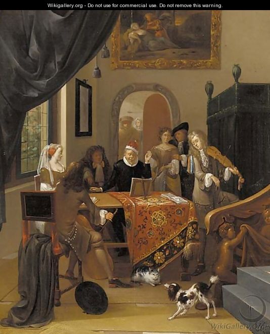A music party in an elegant interior, seen past a trompe l