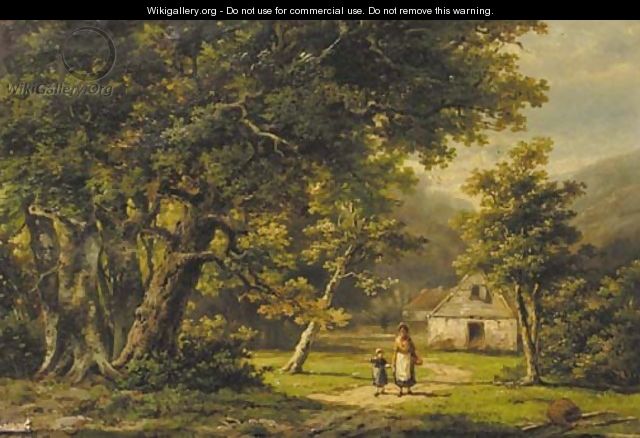 A peasant woman and a boy in a wooded landscape - Hendrik Barend Koekkoek
