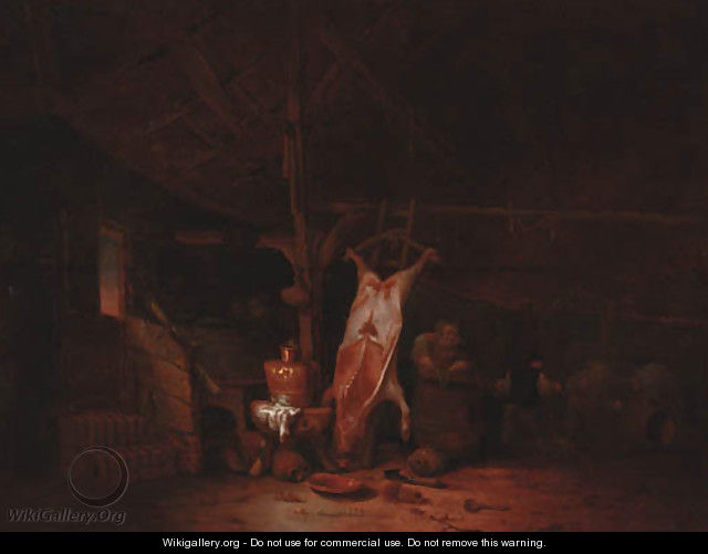 The interior of a barn, with a slaughtered pig, a maid and two fighting peasants - Hendricksz. Bogaert