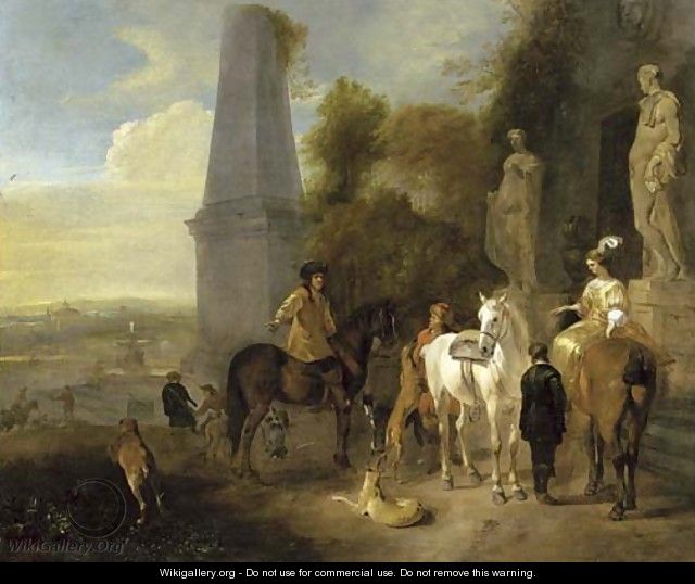 A hunting party resting outside a mausoleum, a city beyond - Hendrick Verschuring