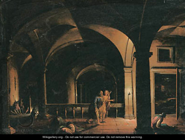 The Interior of a Crypt with the Liberation of Saint Peter, an open door leading to a moonlit landscape beyond - Hendrik van Steenwyck