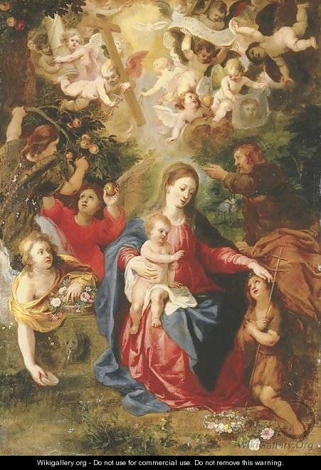 The Rest on the Flight into Egypt with the youthful Saint John the Baptist and angels with fruit and flowers, cherubim aloft holding the Instruments o - Hendrik van Balen, I