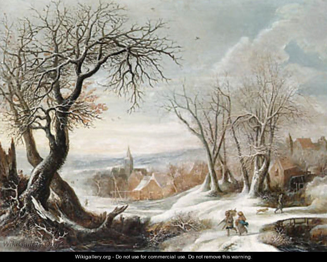A winter landscape with peasants, a village beyond - Gijsbrecht Leytens