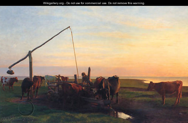 Cattle Watering At Sunrise - Hans Brasen