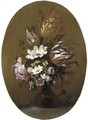 Parrot tulips, roses and other flowers in a glass vase with a snail on a table - Hans Bollongier